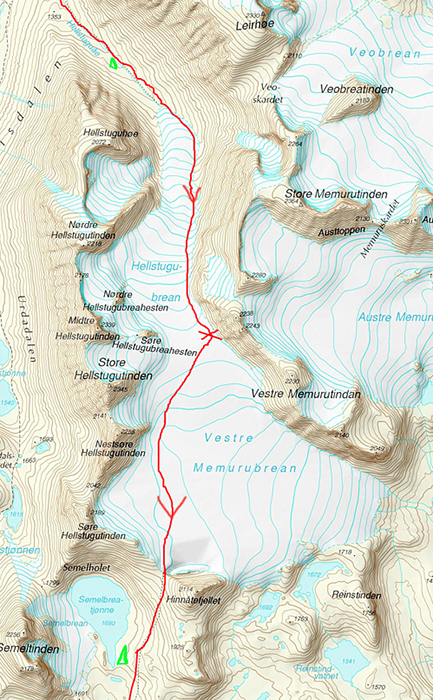 карта ледников Hellstugubrean и Vestre Memurubrean